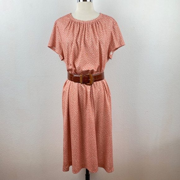 Vintage 70s Woman Lorac Original Dress Shift Muu Muu Peach White Polka Dots Midi - Picture 4 of 6